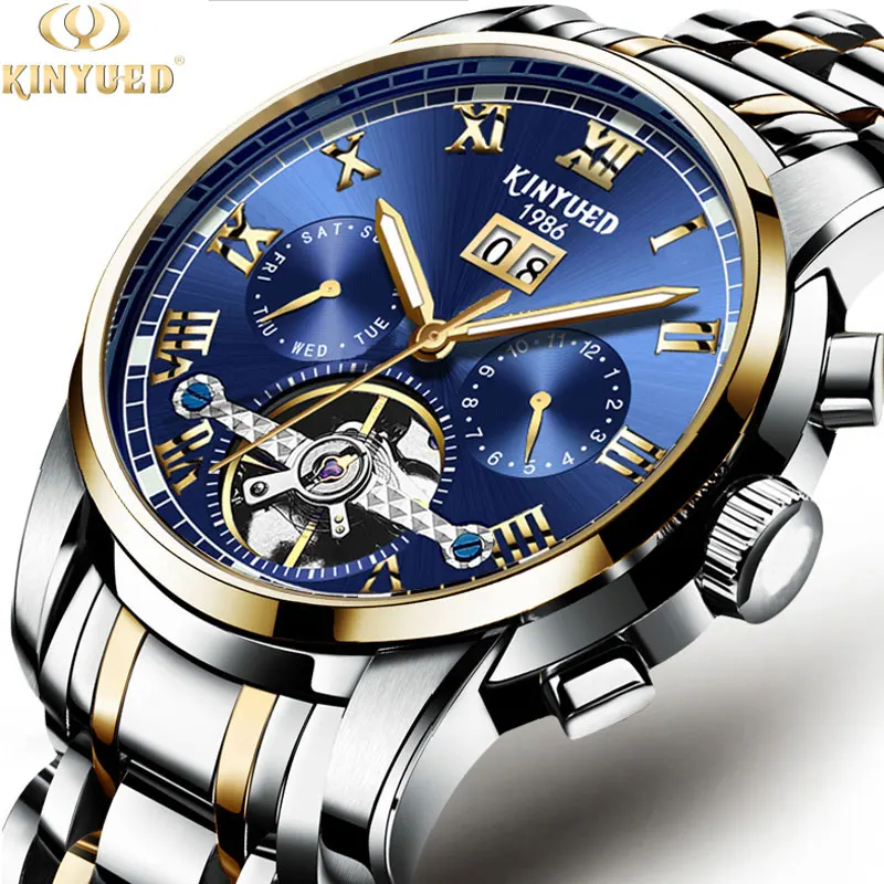 

Автоматические механические мужские часы KINYUED с турбийоном, водонепроницаемые часы из нержавеющей стали с полым дизайном, наручные часы, по...
