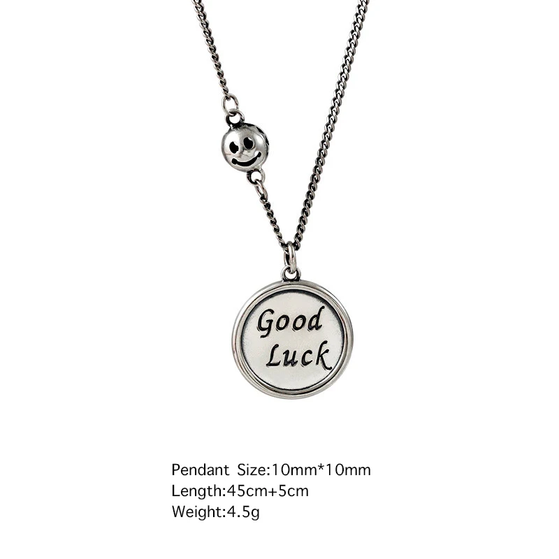 

Good Luck Letter Clavicle 925 Sterling Silver Necklace For Women Korean Round Smile Face Retro Thai Silver Jewelry
