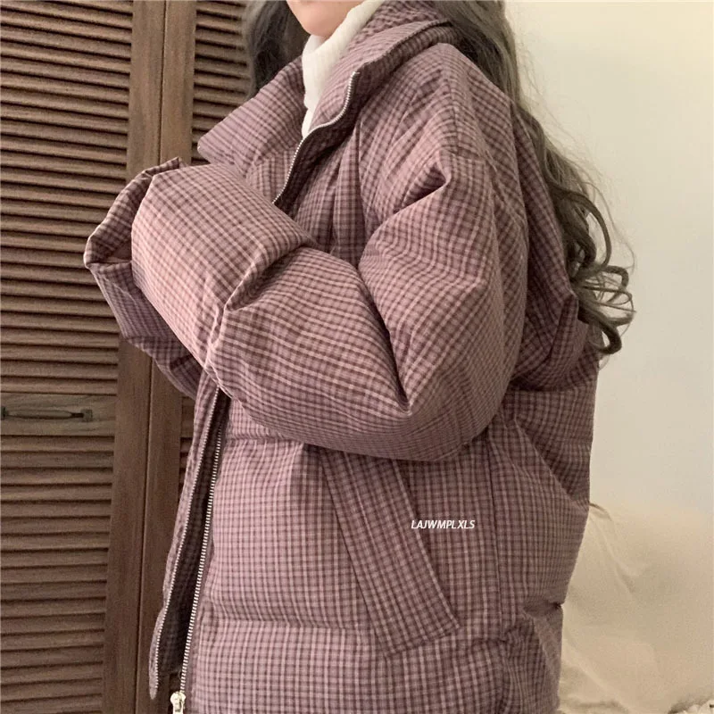 

2021 New Winter Women Parkas Plaid Vintage Zipper Stand Collar Warm Winter Jacket Women BF Harajuku Coat Female MY130