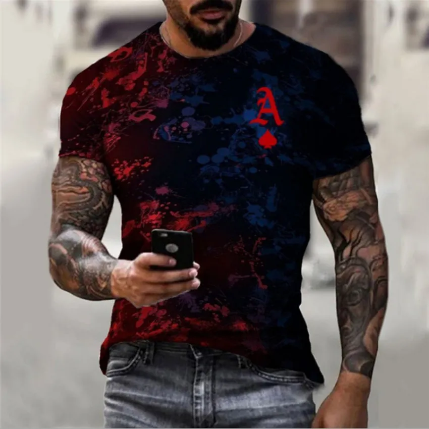 

Harajuku European and American thin style A poker print camisetas T-shirt street youth round collar short sleeve T-shirt for men