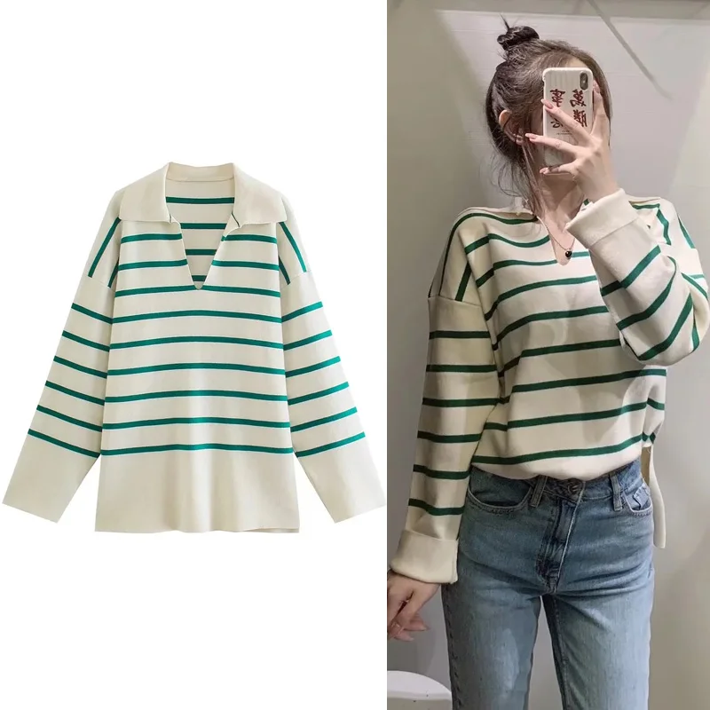 

Traf Za Women's Striped Sweater Knitted V Neck Pullover Thin Fashion Women Sweaters 2021 Aesthetic Designer Chic Woman Sweater