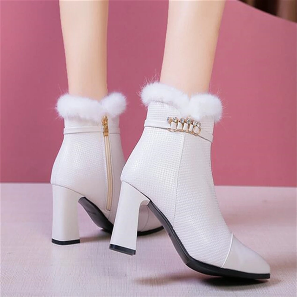 Ankle boots women Genuine Leather shoes solid square heels woman Zipper Fur snow lady Snow Boot Botas Mujer y504 | Обувь