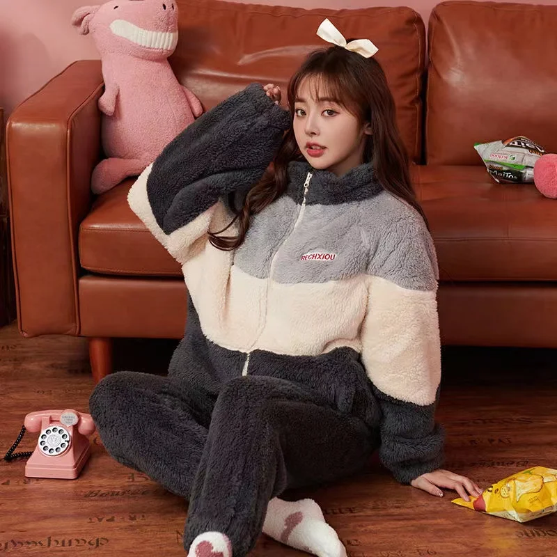 Coral Fleece Pajamas Sets For Women Winter Thick Warm Sleepwear 2 Pieces/Set Loungewear Pyjamas Suit Homewear Clothes