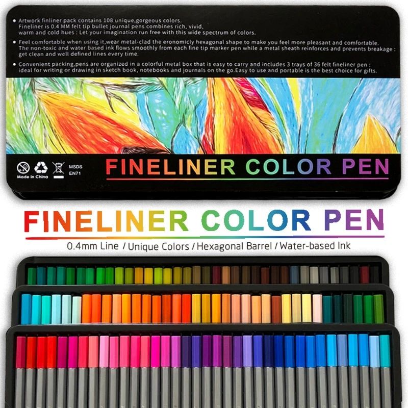 

108 Fineliner Pens Colored Fine Tip Markers 0.4 mm Fine Point Pens Felt Tip Pens K3KB