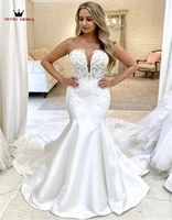 sexy satin wedding dresses mermaid strapless lace beaded 2022 new fashion long formal bride gowns custom made sd02a