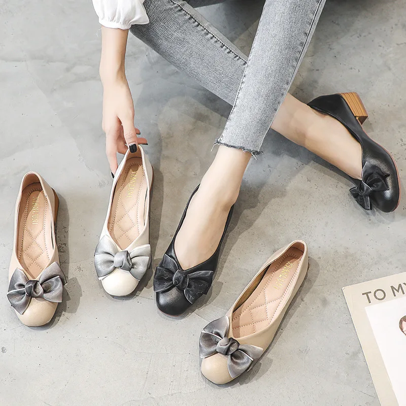 Women's Square Head Chunky Heel Bow Fairy Gentle Semi-High Heeled Bottom Shoes Designer Shoes Women Luxury 2021 Woman Shoes