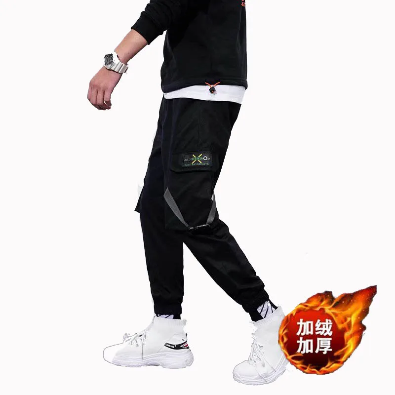 Мужские флисовые брюки шаровары черные теплые штаны в стиле хип хоп повседневные