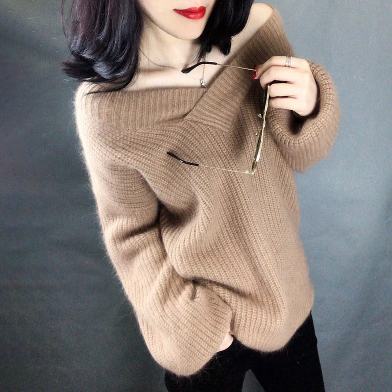 High Quality Women Knitted Sweater V-neck Casual Solid White Female Sweaters Pullover Femme | Женская одежда