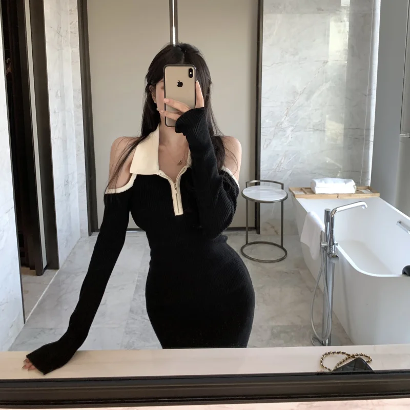 Женское трикотажное мини-платье с открытыми плечами и длинным рукавом | Женская