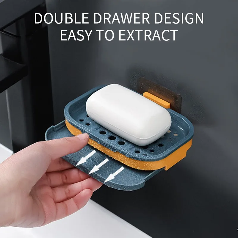 

Wall-Mounted Double-Layer Soap Sponge Storage Tray with Drainage Design Punch-Free Creative Soap Drain Rack for Bathroom Kitchen