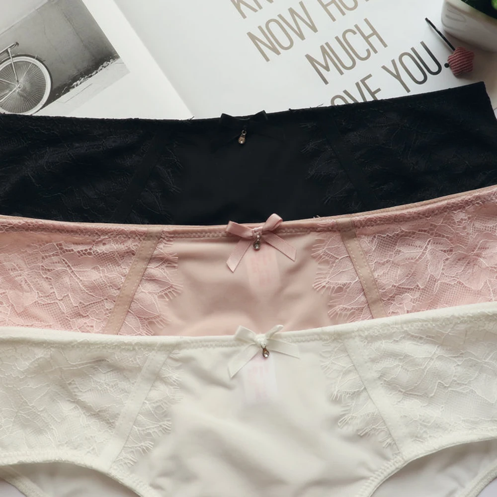 

Japanese Bowknot Girly Ice Silk Low-Waist Briefs Hip Lift Sexy Lace Panties Women Comfortable Ladies Underwear