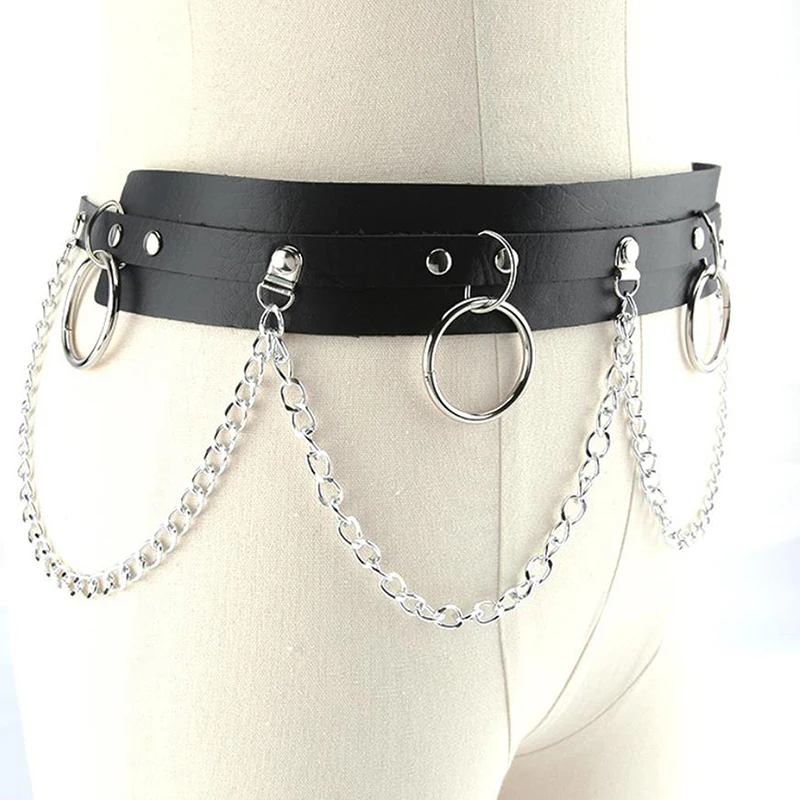 

2021 New Punk Gothic Faux Leather Belt Metal Chain Ring Tassel Waist Strap Street Dance Decor Body Accessories