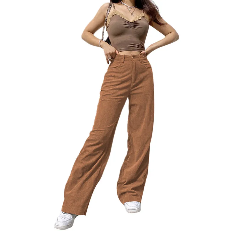 

Women Casual Corduroy Loose Straight Pants High Waist Wide Leg Trousers Sweatpants Side Pockets Fall Spring Clothes 2021