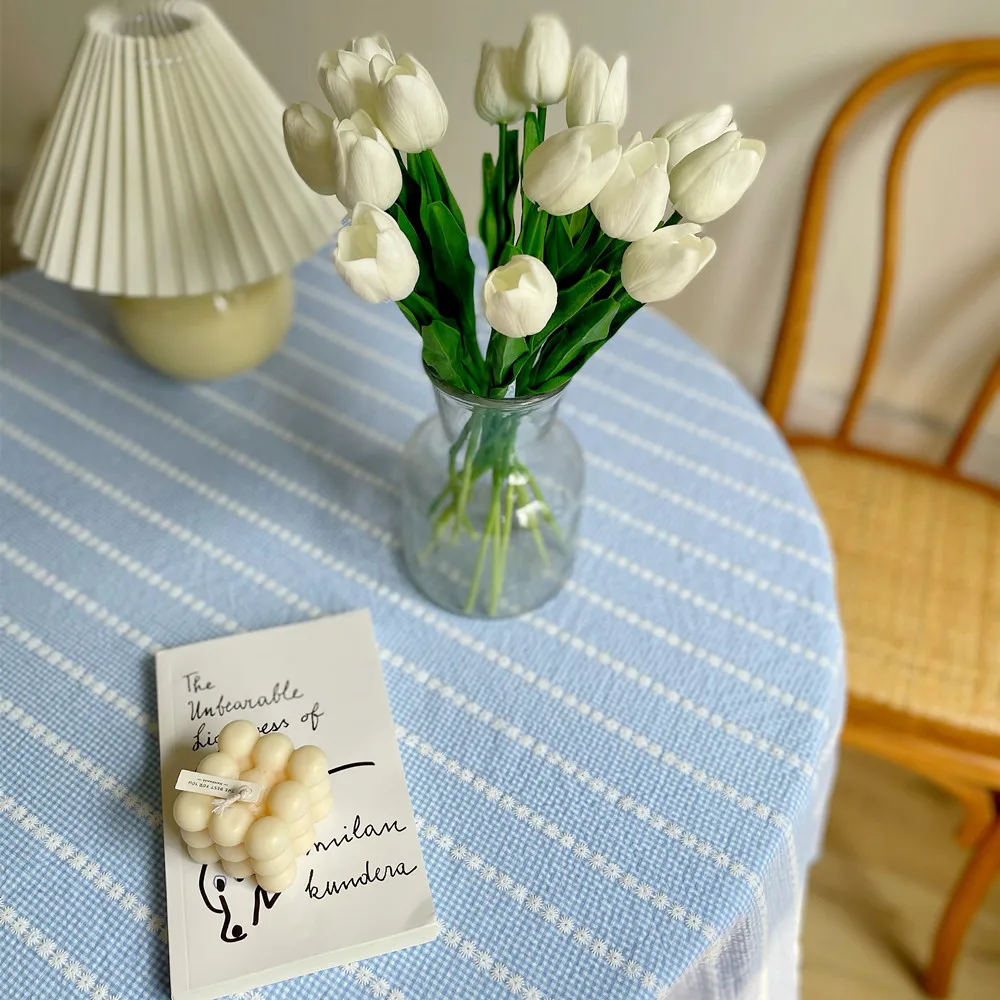 

Table Small Fresh Light Blue Plaid Flower Tablecloths Student Dormitory Desk Cloth Bedside Table Coffee Shop Cover Cloth