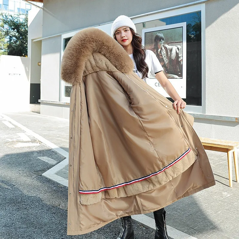 

2021 Ins Tide Parka Jacket Women Oversize Loose Overcome removable Big Fur Collar Mid-length Plus Cashmere Padded Coat Women