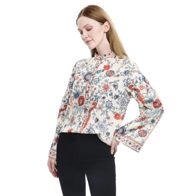 

Long Sleeve Ethnic Blouses 2020 Spring Tops Floral Printed Shirt for Women Stand Collar Loose Shirts and Blouses Chemise Femme