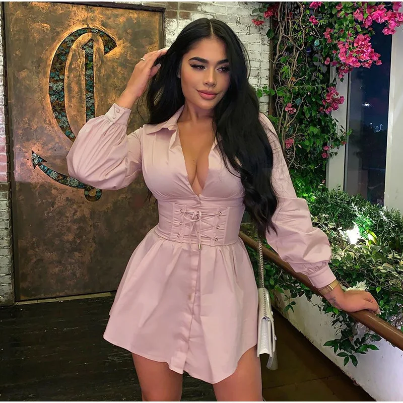 

NewAsia Long Sleeve Shirt Dress With Corset Belt Casual Dress Women Vintage Sexy Dress Pink Fashion Party Dresses White 2020 New