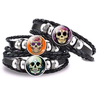 day of the dead sugar skull black leather bracelet bangles mexico folk art for men women punk style handmade jewelry accessories