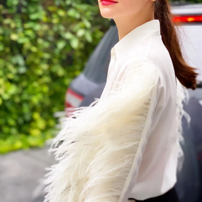 

SISPELL Patchwork Feather Blouse Shirt For Female Lapel Collar Long Sleeve High Waist Slimming Loose Women's Shirt 2021