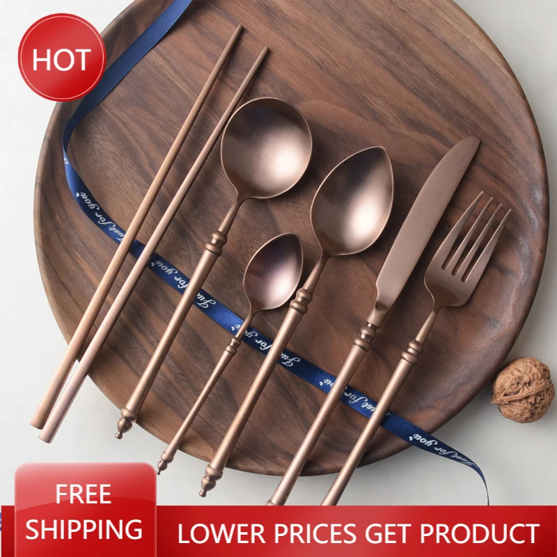 

Japanese Rose Gold Lunch Cutlery Set Steak Chopsticks Cutlery Fork Soup Spoon Elegant Life Cocina Kitchen Accessories AA50DC