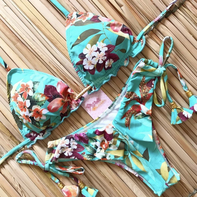 

Sexy Floral Print Swimsuit 2 Pieces Swimwear Push Up Micro String Bikini Set Padded Women Thong Brazilian Swimwear Biquini