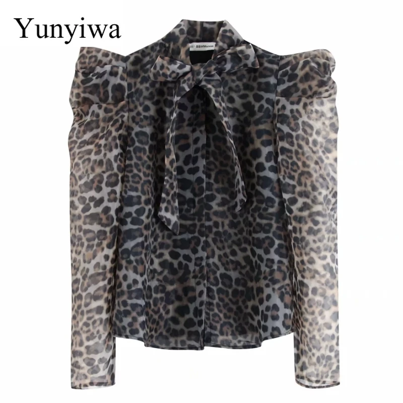 Женская блузка-кимоно из органзы с леопардовым принтом рукавом винтажный буф |