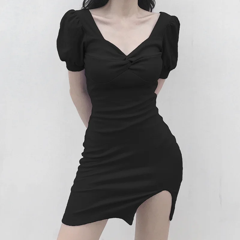 

french girls vintage retro summer dress V-neck short wedding party elegant split slim chothes solid color vintage casual sundre