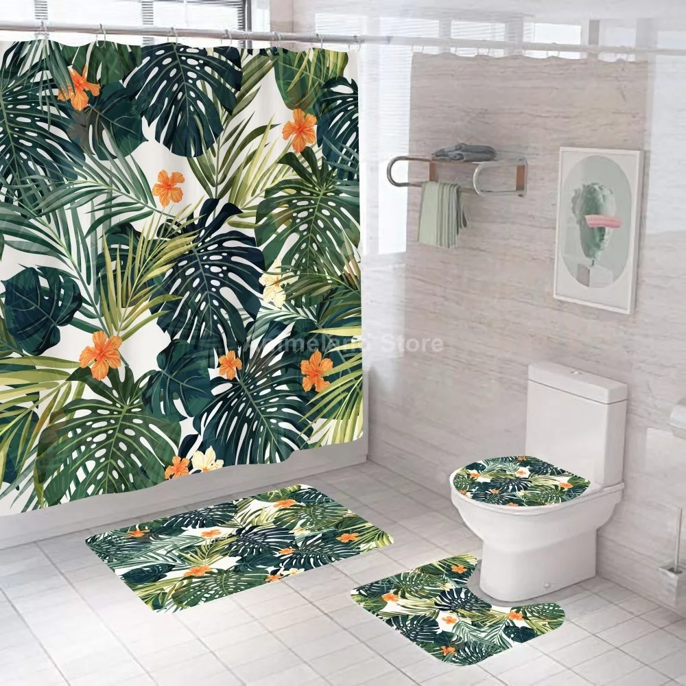 Занавески для душа с зелеными листьями Ins, модные занавески для ванной комнаты, наборы для ванной, коврик с крышкой для туалета, нескользящий...