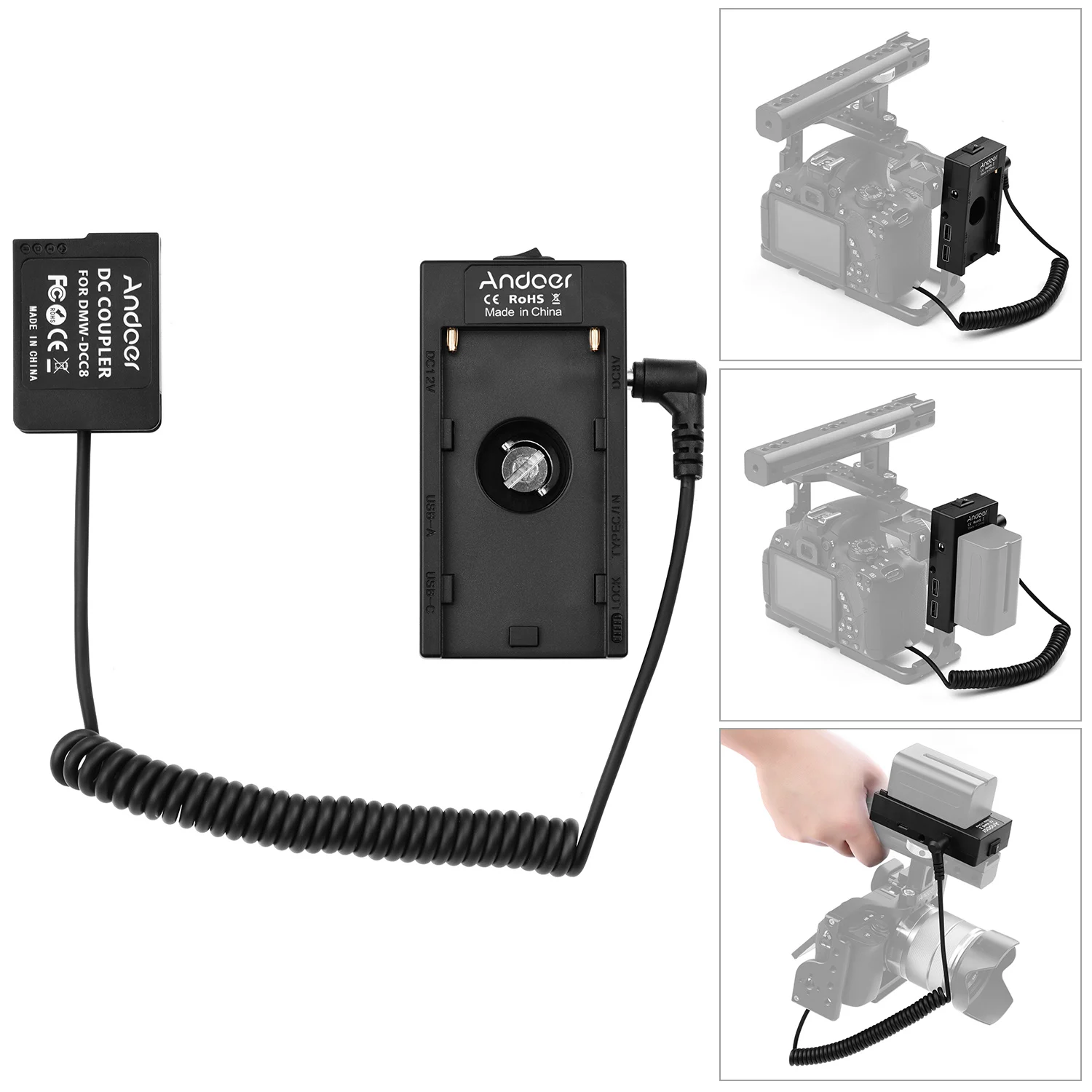 

Andoer NP-F970 F750 Battery Plate Holder Adapter with Dual USB Interface + DMW-DCC8/DCC12 Dummy Battery Coupler for G6/G7/G80