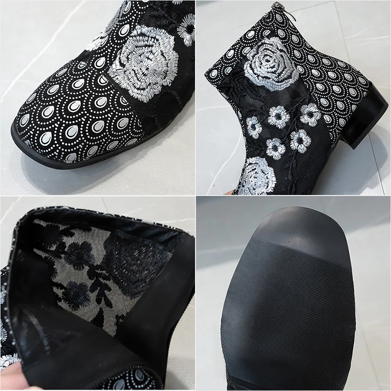 

Women Ankle Boots Woman Shoes Autumn Brand Designer Chelsea Boots Female Flower embroidery Boots Lasdies Fashion Short Boots