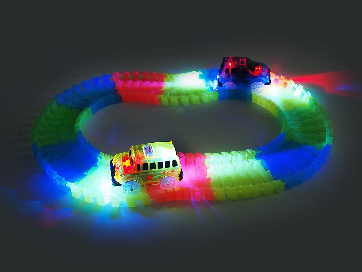 

Glow Track Cars with 5 LED Lights, 4 Pack Replacement Race Cars Compatible with Dinosaur Tracks and Magic Tracks