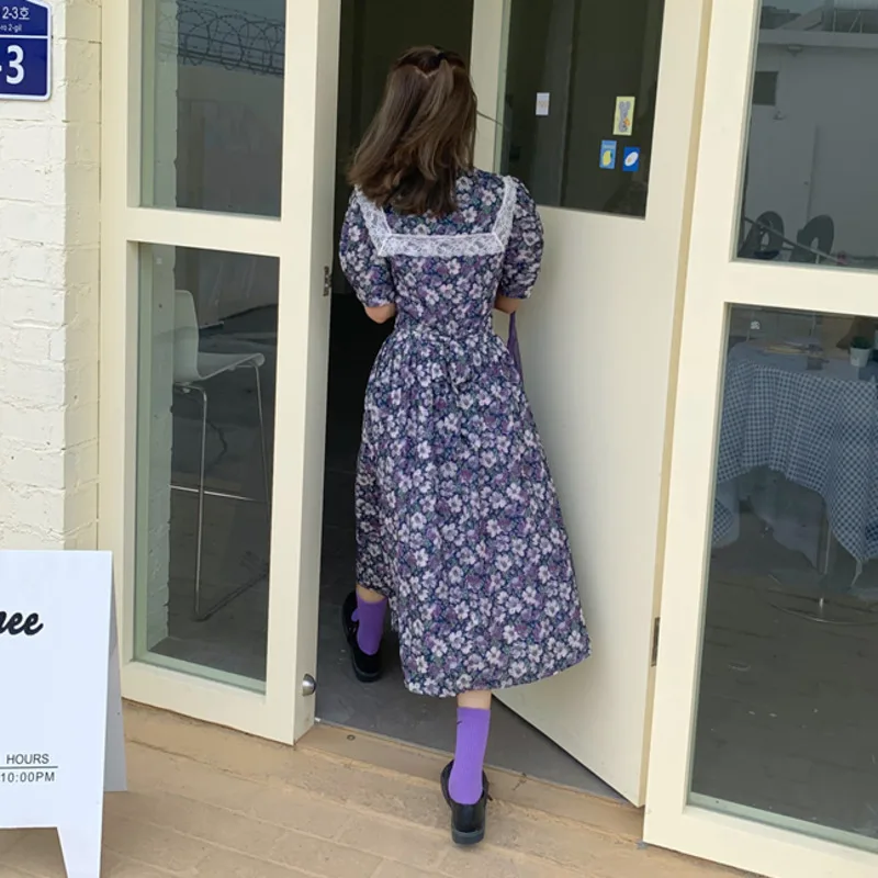 

Women Dress Summer Elegant Short Sleeve Flowers Print Dress Floral Lace Patchwork V Neck Boho Beach Dress vestidos femme robe