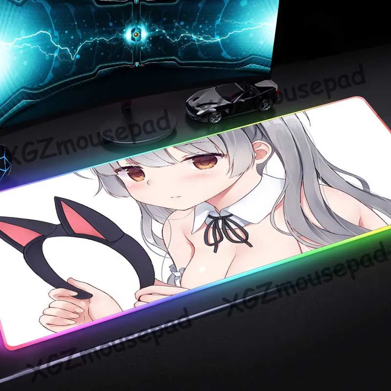

XGZ Large RGB Mouse Pad Black Lock Edge Anime Shy Bunny Girl HD Custom Computer Desk Mat Rubber Non-slip for Lol Csgo Gamer Xxl