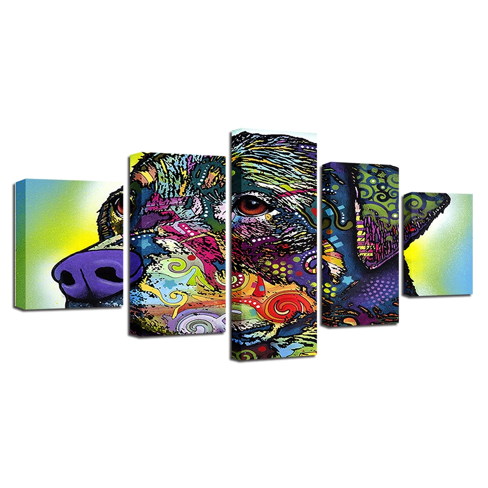 

Modern Canvas Poster Wall Art Modular 5 Pieces Rainbow Color Abstract Animal Dog Paintings Home room Decor Framework