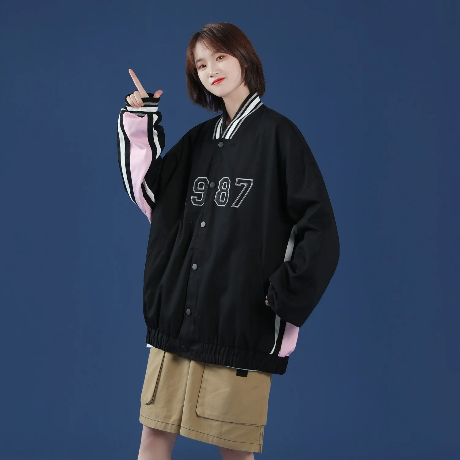 

Korean Fashion Pink Jackets For Women 2021 Spring Clothes Teenage Girls Numbers Embroidered Baseball Jersey Oversized Streetwear