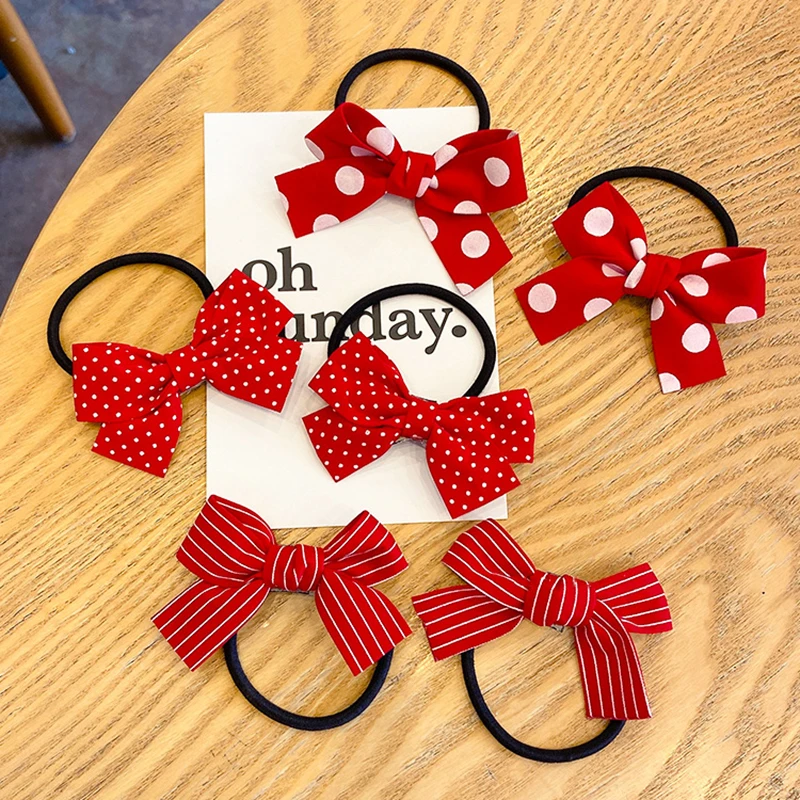 

2021 New Girls Red Butterfly Knot Hair Rope Love Wave Spot Hair Circle Girl Double Horsetail Head Rope Fashion Hair Accessories