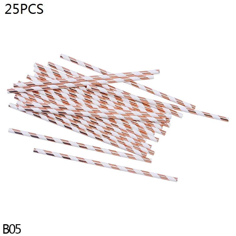 B05-25pcs straws Набор посуды из розового золота, бумажные тарелки и стаканы, полосатые соломинки, салфетки в горошек для свадьбы, дня рождения, украшения - Цвет: B05-25pcs straws