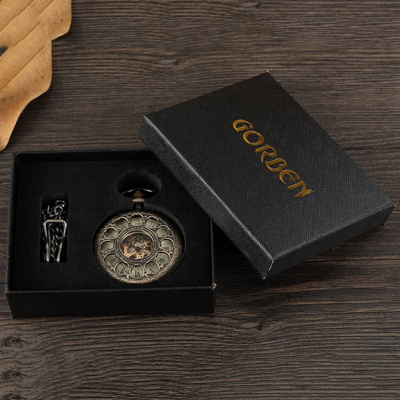Mechanical Pocket Watch Antique Skeleton Dial Fob Chain Engrave Hollow Out Case Hanging Clock with Gift Box for Men Dropshipping