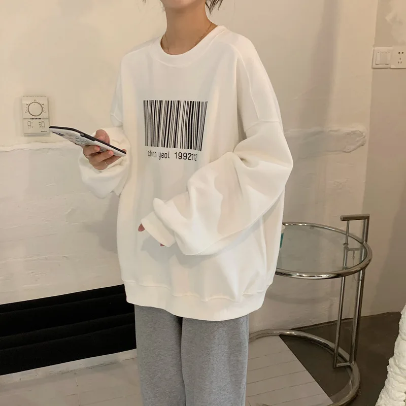 

WFF Women's fashion spring and autumn Korean loose long sleeve Sweatshirt solid color top letter printing sweatshirt women