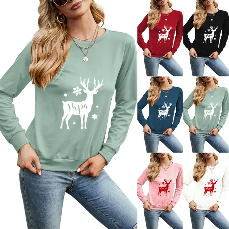 

Women Elk Printed Clothing Long Sleeve Tops Pullover Crew Neck 2021 Fashion Shirt Christmas Festival Casual Loose Ladies T-shirt