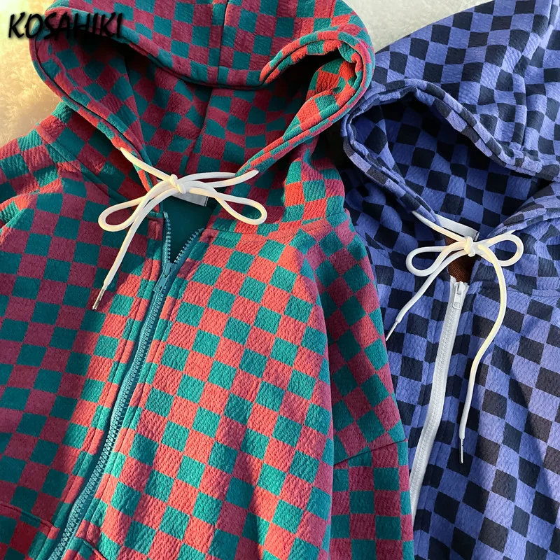 

Винтажные клетчатые пуловеры в стиле Харадзюку, большие размеры, Толстовка для женщин и мужчин, толстовка в шахматную клетку, топы на весну ...