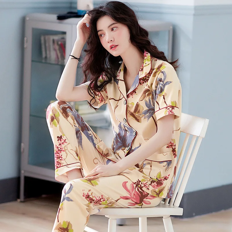 Женская Хлопковая пижама летний кардиган с короткими рукавами и длинные брюки