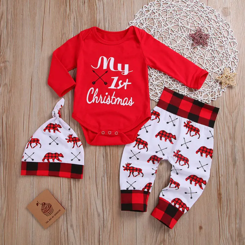 Lovely Kids Baby Girl Boy My First Christmas Letter Romper Pant Hat Outfits Xmas Set Autumn Clothing | Детская одежда и обувь