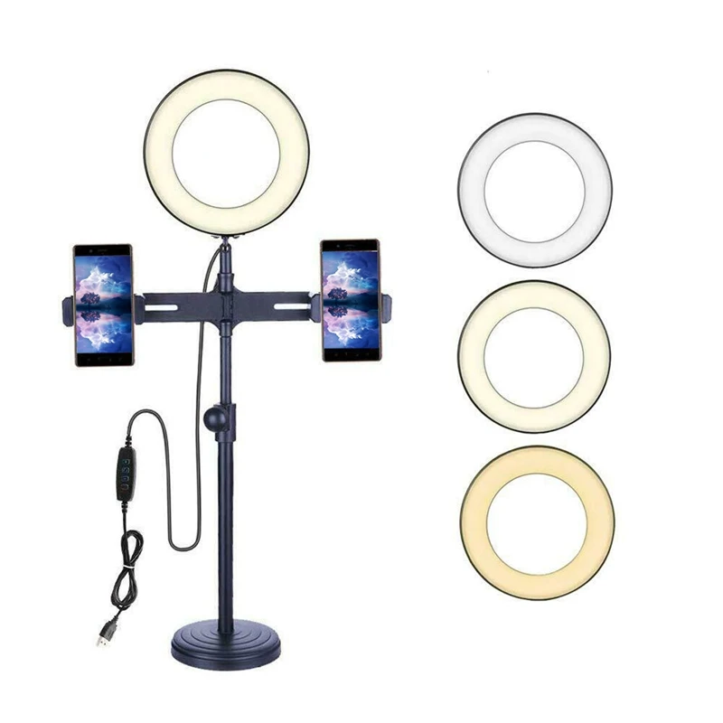 Светодиодный кольцевой светильник для фотосъемки с двойной подставкой телефона