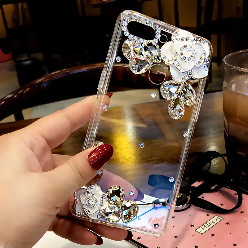 

For SamsungA3 A5 A7 2017 A9 A8 A6 PLUS A50 A70 A80 A51 A71 Bling Rhinestone Camellia Case Diamond Soft Clear Phone Case Coque