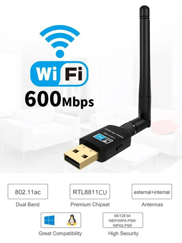 

USB Wi-Fi адаптер внешняя 2 дБи антенна двухдиапазонная 2,4 ГГц/5,8 ГГц Wi-Fi карта для настольного ноутбука Поддержка Windows XP/Win7/8/10