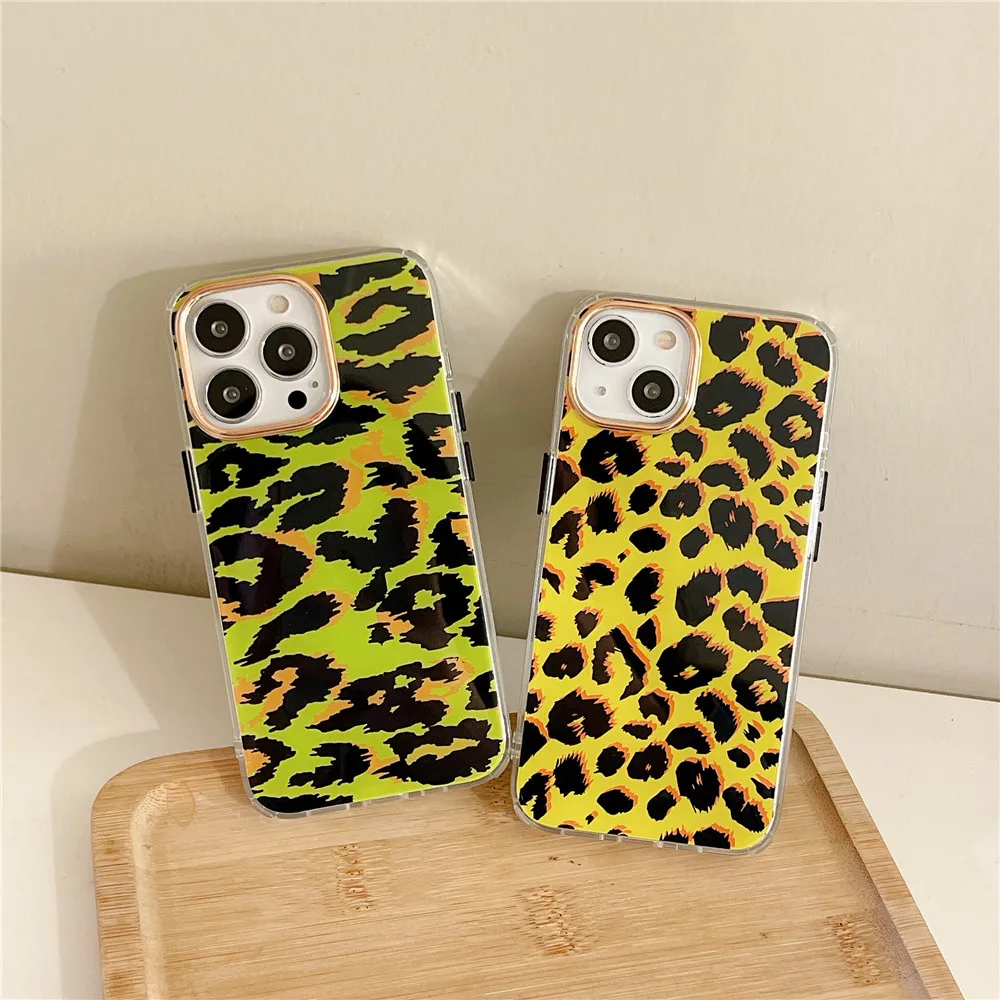 

INS Fluorescent leopard Pattern Cartoon Phone Case For iPhone 13 12 11 PRO MAX XS X XR 7 8PLUS Metal Soft Frame Protective Cover