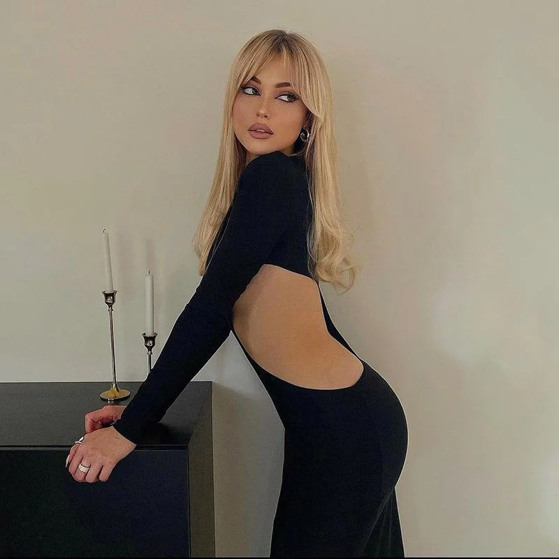 

Fashion Long Dress Women Boho Hollow Out Black Dress Long Sleeve O Neck Party Dresses Sexy Push Up Hip Skinny Female Dresses