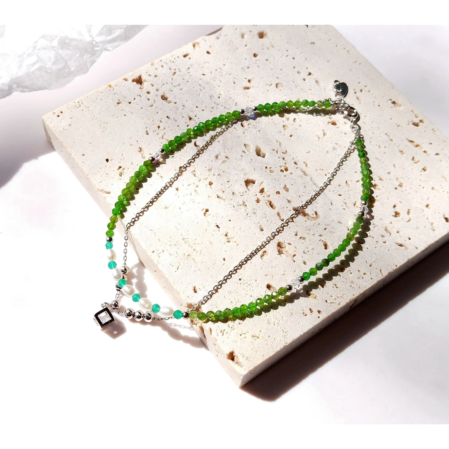 

Lii Ji 925 Sterling Silver 2 Row Anklet Natural Stone Diopside Pearl Austrian Crystal 23+2.5cm Handmade Jewelry