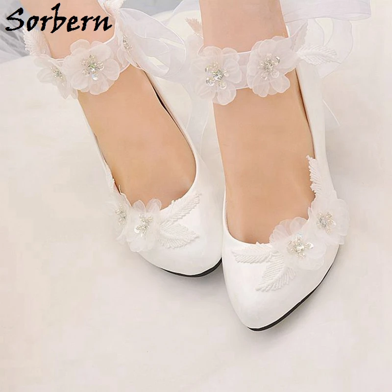

Sorbern Flower Ankle Strap Wedding Shoes High Heels Crystals Elegant Bride Shoes 4.5 Kitten Women Heels Low White Heels